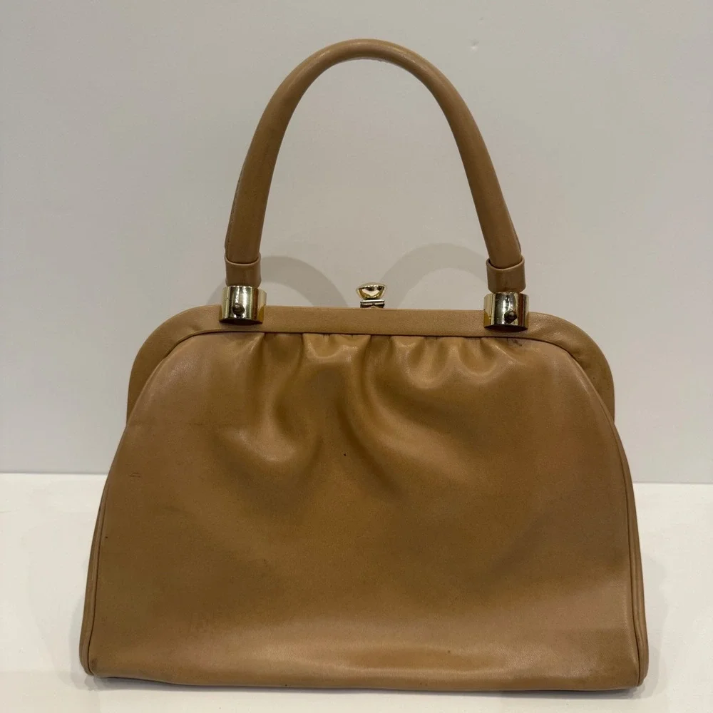 Vintage Granada‎ USA Tan Leather Top Handle Handbag Kiss Lock Gold Hardware MCM